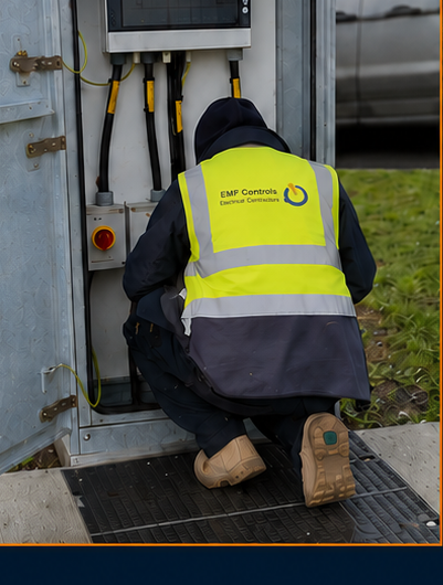 EMF Controls engineer working on an external electrical cabinet